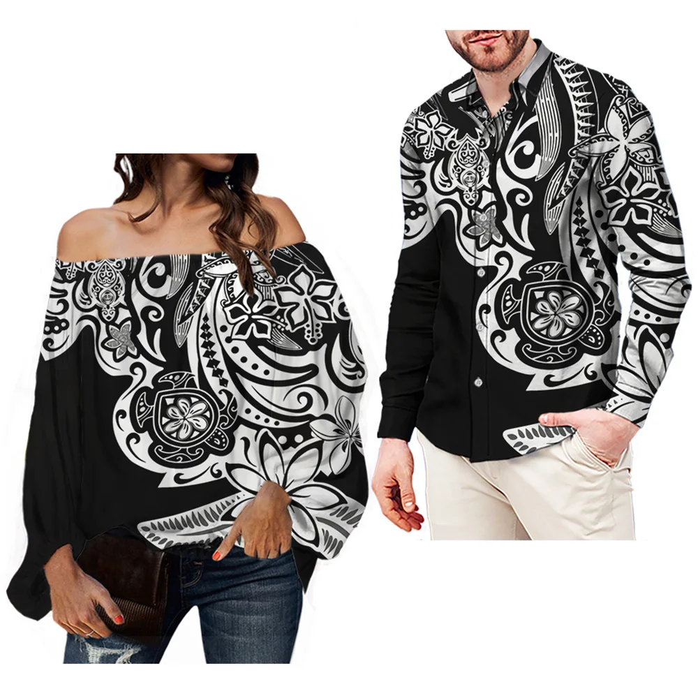 

Black Couple Tops Sexy Off The Shoulder Ladies Chiffon Blouse Match Hawaiian Samoan Tribe Designer Men's Long Sleeve Slim Shirts