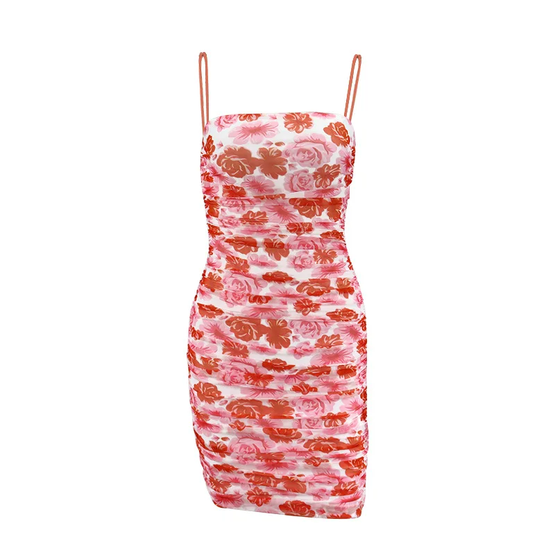 

Pretty Lady Sleeveless Floral Printed Mesh Hip Dress Women Fashion Street Style Sexy & Club Sheath Suspender Dress Woman Dress