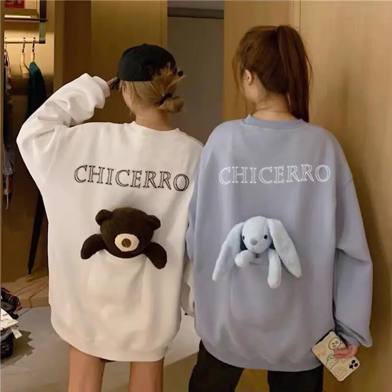 Harajuku Embroidered Crew Neck Womens Sweatshirt Hoodie Clothes for Women Winter 2021 Clothes Cute Bear Big Pocket Couple Outfit images - 6