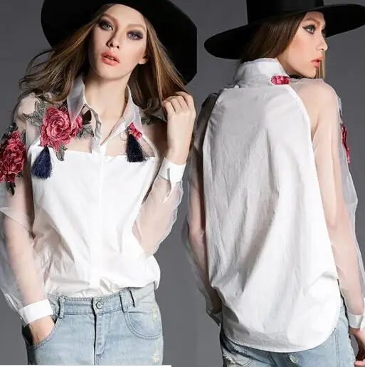 Новинка 2017 Летний стиль blusa vestidos кардиганы с цветочной вышивкой рубашка из