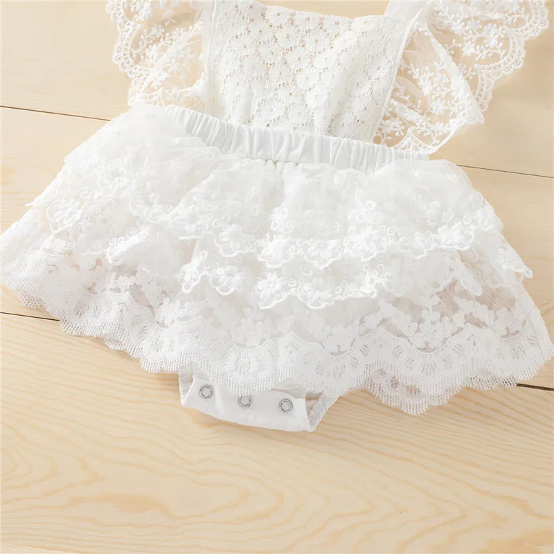 

Toddler Summer Rompers, Lace Square Neck Ruffled-Sleeve Backless Jumpsuit Layered Skirt for Baby Girls, 0-24 Months