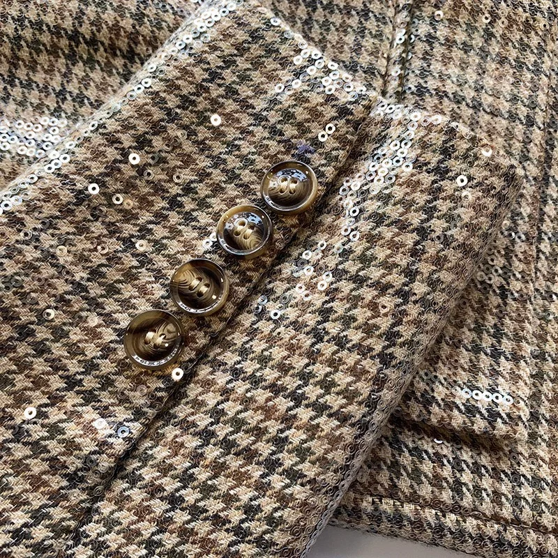 

Spring Autumn New Bling Bling Plaid Sequined Blazer Female Lapel Single Breasted Loose Casual Retro England Style Jacket