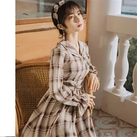 girl vintage elegant plaid dress british style 2021 women slim robe femme spring autumn korean peter pan collar simple clothing