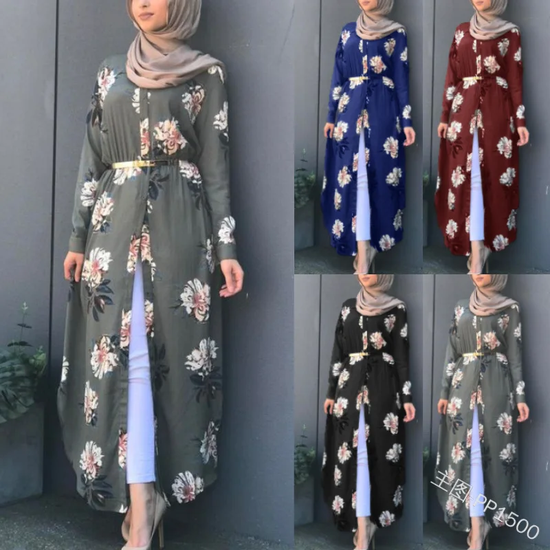 

Muslim Print Abaya Kimono Floral Hijab Dress Arabic Dubai African Women Pakistan Caftan Marocain Kaftan Qatar Islamic Clothing
