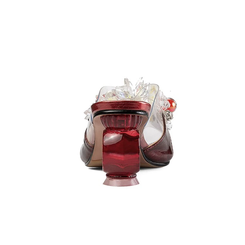 ?? 奪う猫2021本革ラインストーン女性のスリッパ花オープントゥクリスタルバックストラップシューズ7センチメートル奇妙なヒールUS12グリーンA4238