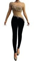 New Sexy Rhinestone Mesh Perspective Velvet Party Jumpsuit Women Stretch Latin Dance Rompers Nightclub Jazz Singer Bodysuits