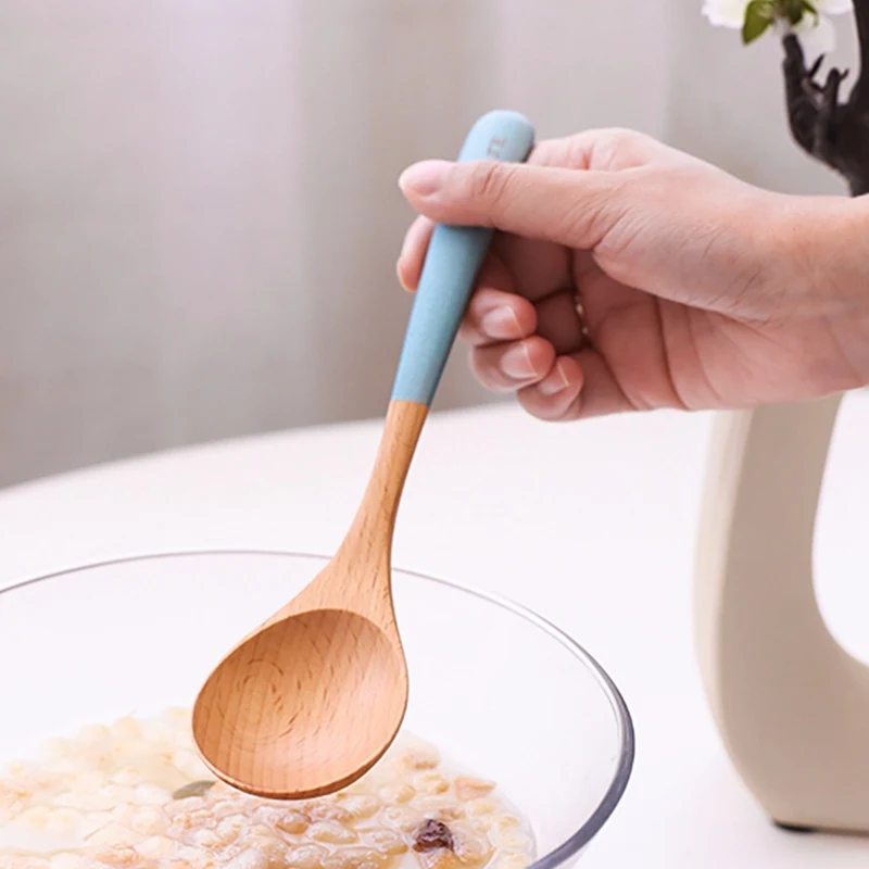 

Colorful Handle Wooden Spoon Curved Handle Small Spoon Beech Wood Rice Spoon Household Spoon Tableware