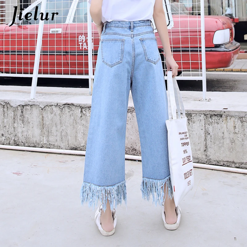 

New High Waist Tassel Pockets Jeans Wide Leg Pants Casual Retro Woman Korean Jeansy Bell Bottom Jeans BF Denim Pants