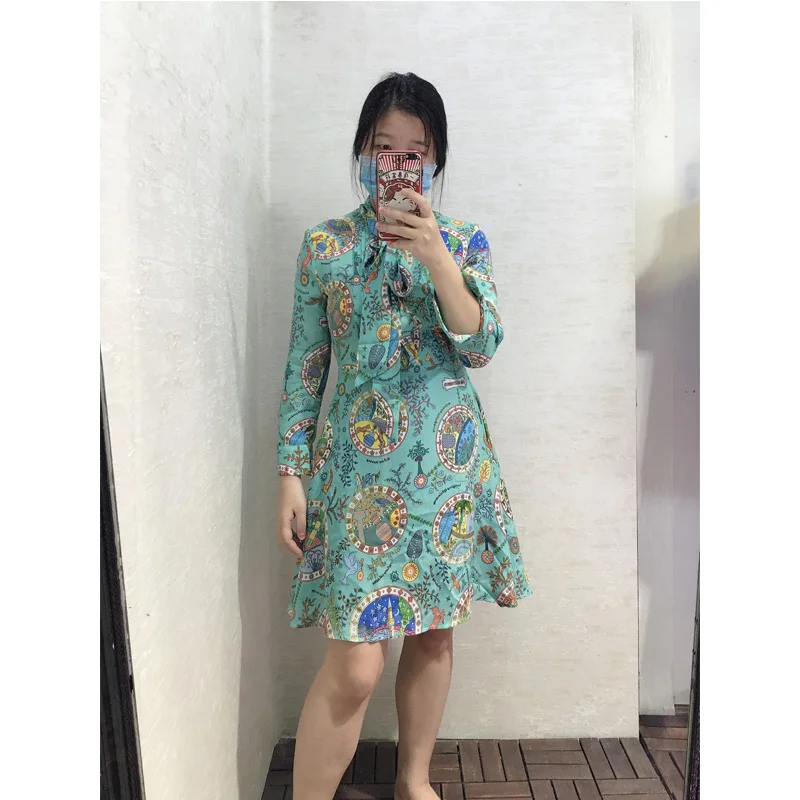 

Silk Print Dress Bow Tie Design Trendy Beach Wind Bohemia