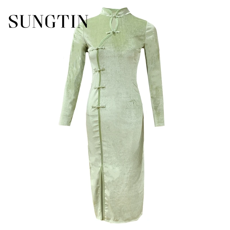 Женское вельветовое платье в китайском стиле Sungtin традиционное длинное Ципао с