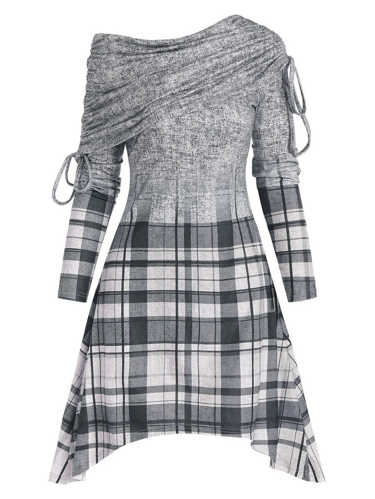 

Длинный рукав Cinched Tree Print Foldover Асимметричный трикотажный халат длинное женское клетчатое платье осень Jurken