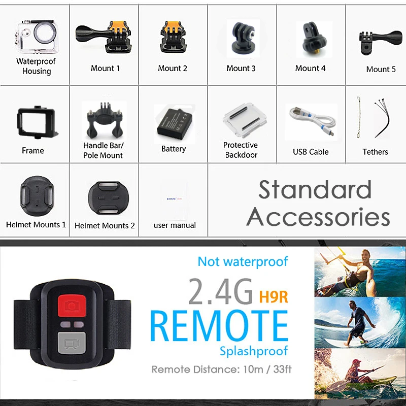 Экшн-камера eken H9R/H9 Ultra HD 4 K/30fps WiFi 2," 170D Водонепроницаемая камера для подводной съемки на шлеме Спортивная камера s