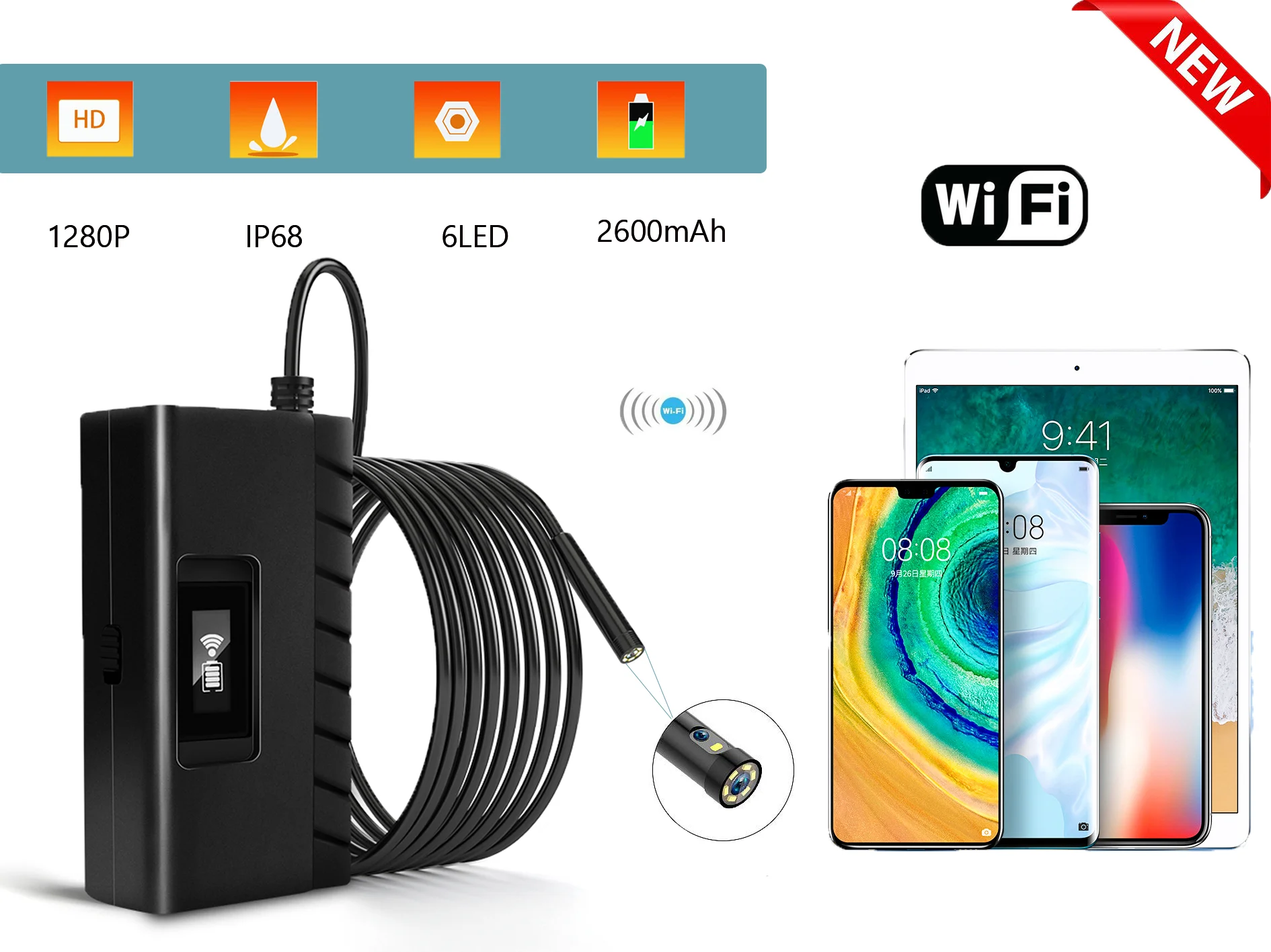 Промышленная камера-эндоскоп 5 мм с Wi-Fi степень защиты IP68 поворот на 360 ° |
