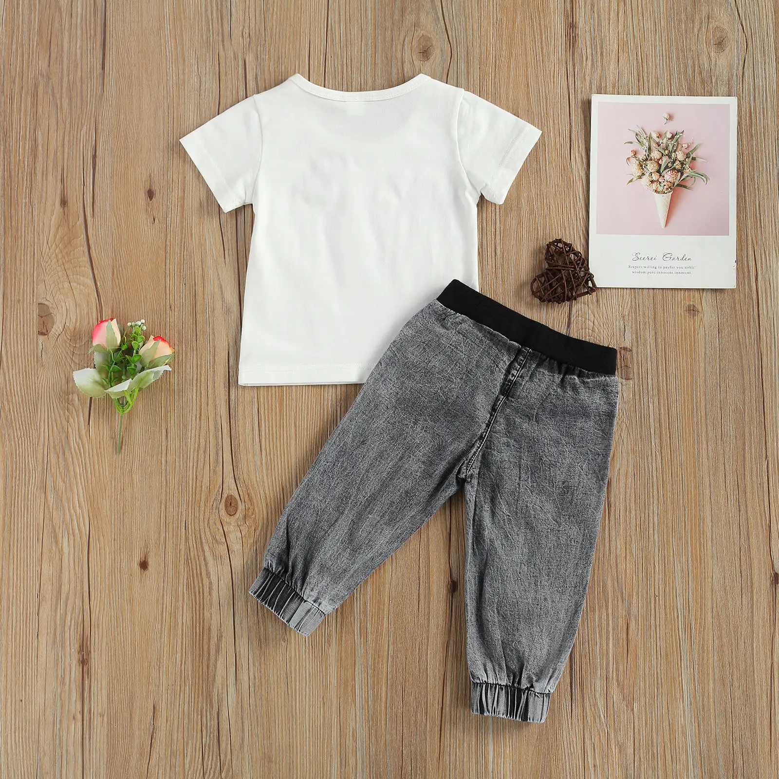 

Summer Casual Kids Girl 0-3T Clothes Sets Letter Print Short Sleeve T Shirts Tops Denim Pants