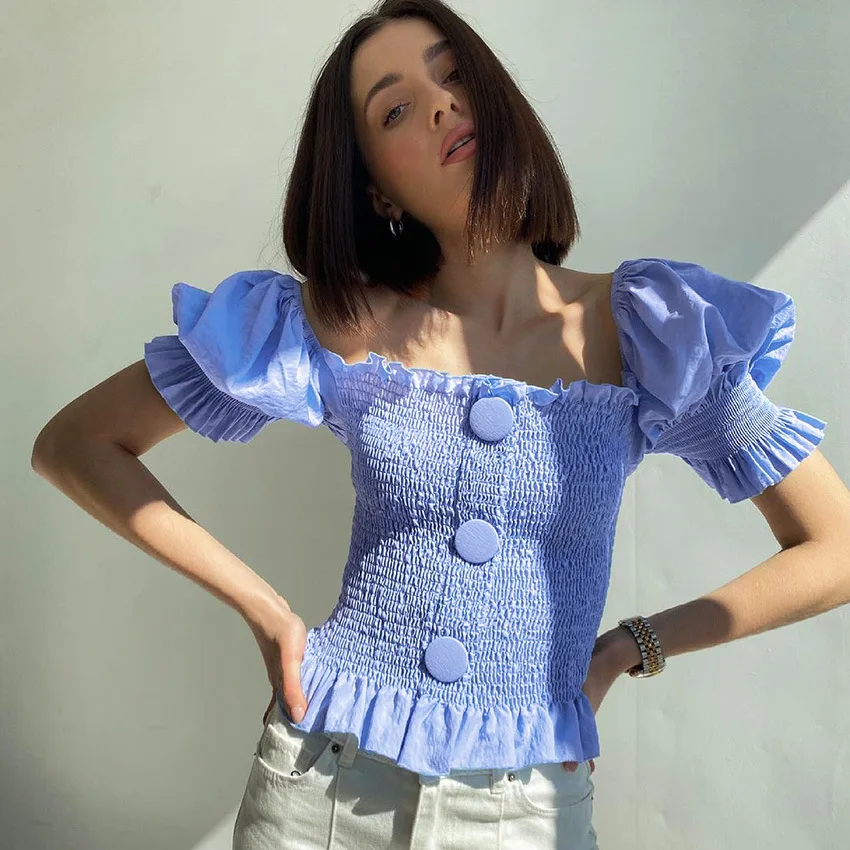 

2021 Summer Women Lantern Sleeve Solid Color Square Collar Shirt