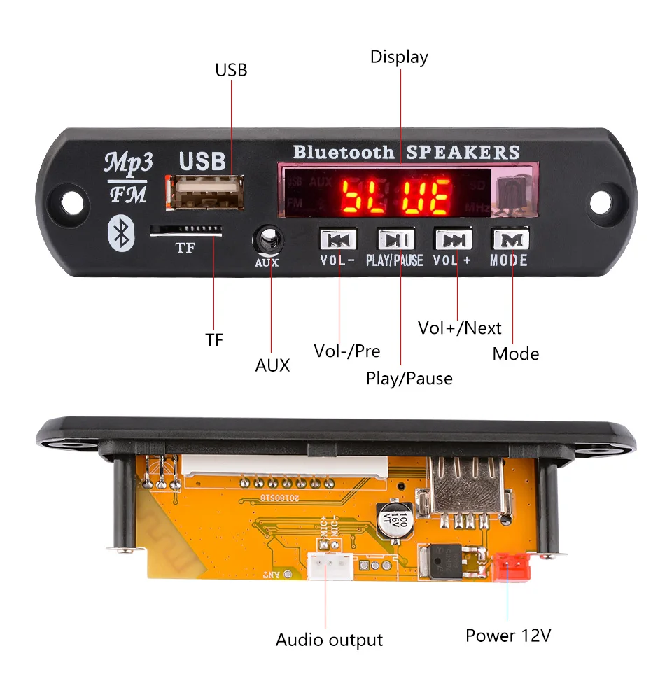 AOSHIKE DC12V/5 В MP3 декодер плата Bluetooth 4,2 аудио декодирование APE FLAC MP3 WMA WAV TF USB звук Aux микрофон DIY модуль