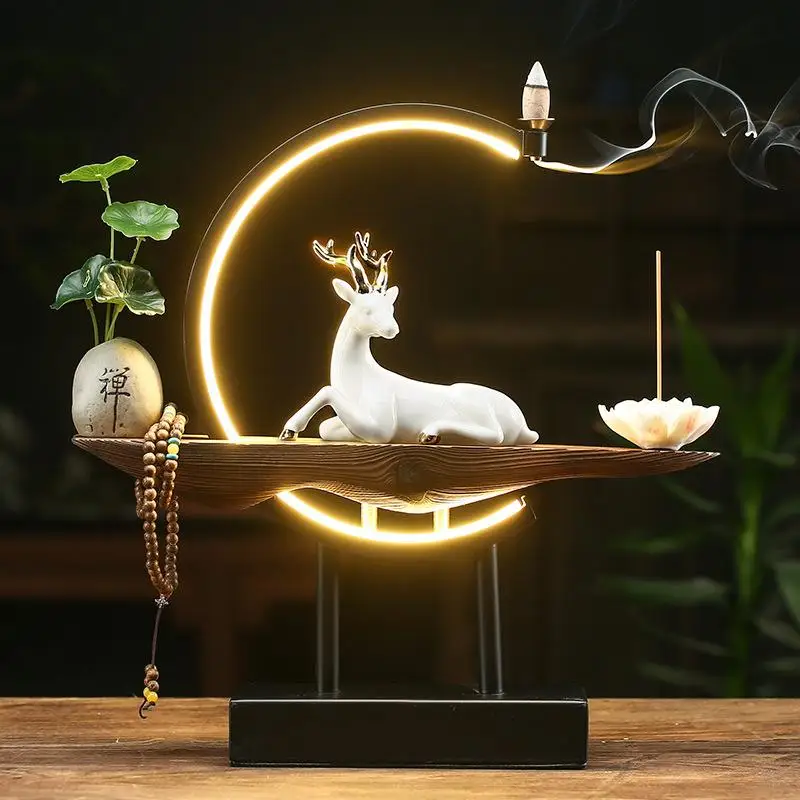 

Ceramic White Deer Backflow Incense Burner Smoke Waterfall Incense Holder Aromatherapy Furnace Censer For Home Office Decor Gift