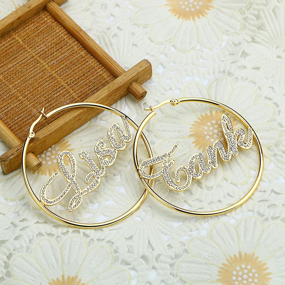 40mm-100mm Crystal Name Earrings Nameplate Custom Hoop Earring for women Wedding Dubai Trendy Earrings boucle d'oreille femme