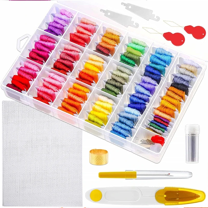 

145Pcs Embroidery Floss with Storage Box 108 Colors Cross Stitch Threads String Aida Cloth Needles Kit for DIY Dropshipping