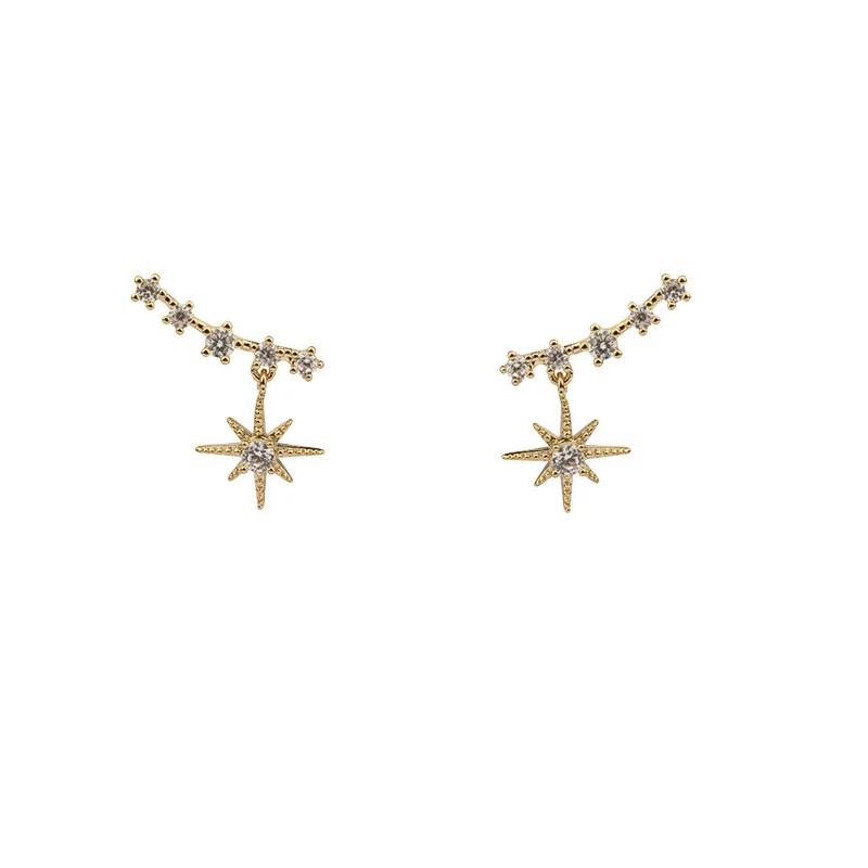 

925 Sterling Silver French Simple Pav Crystal Star Stud Earrings Women Light Luxury 14k Gold Plated Jewelry Gift