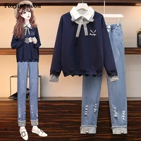 m 3xl 2 piece suit splicing sweet embroidery womens hoodie woman jeans lady womens daily casual trendy chic women sets plus size