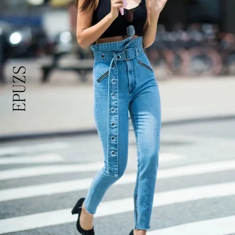 Женские винтажные джинсы с высокой талией синие узкие на молнии уличные карандаш