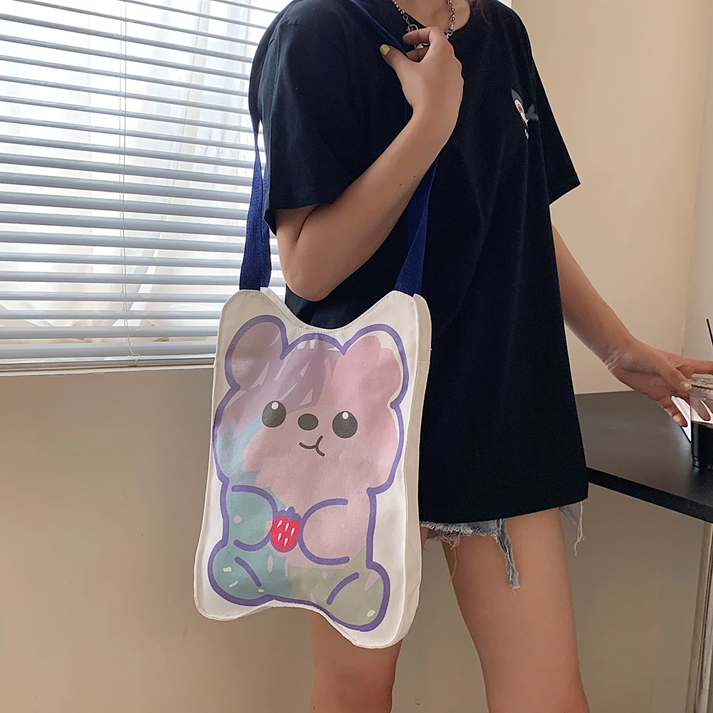 

Versatile Retro Soft Bag Shopping Bag Foldable Cute Cartoon Canvas Printed Shoulder Bag Women Large Capacity Shopping Tote