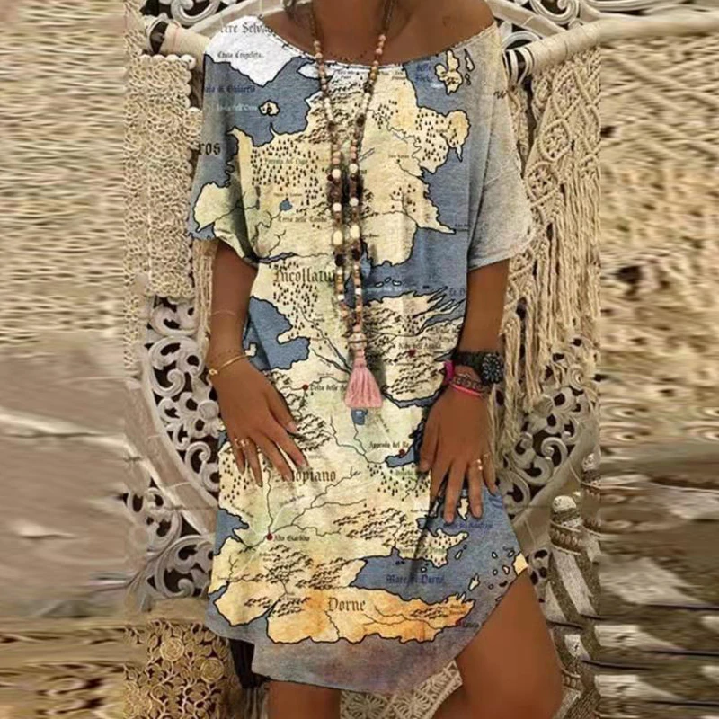 

Casual Women V-Neck Loose Long Dress Spring Vintage Earth Maps Print Party Dress Fashion Elegant Long Sleeve Maxi Dress Vestidos