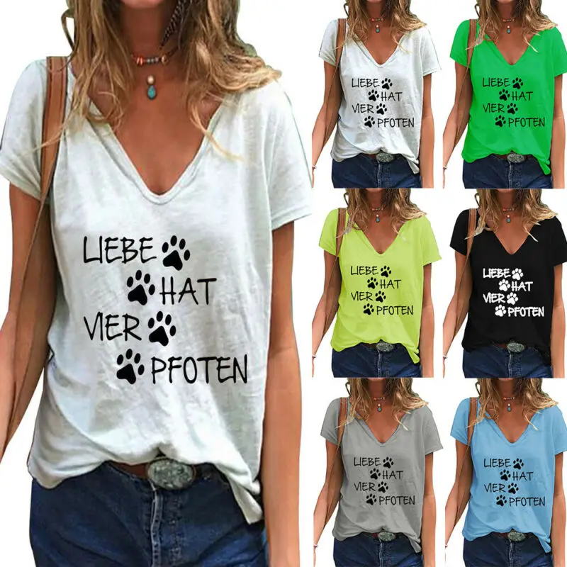 

Women Plus Size V-neck Top Short Sleeve Letter Print T-shirt Ladies Loose Blouse