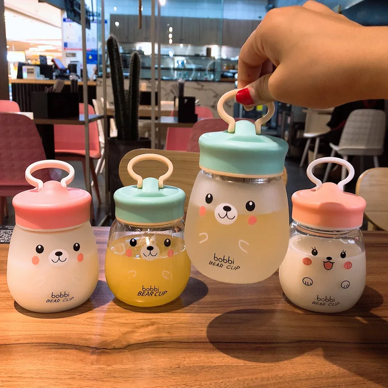 Kawaii стеклянная бутылка для воды, портативная чашка с милым медведем, чайное ситечко, герметичная Питьевая Бутылка для девочек, студентов, детей