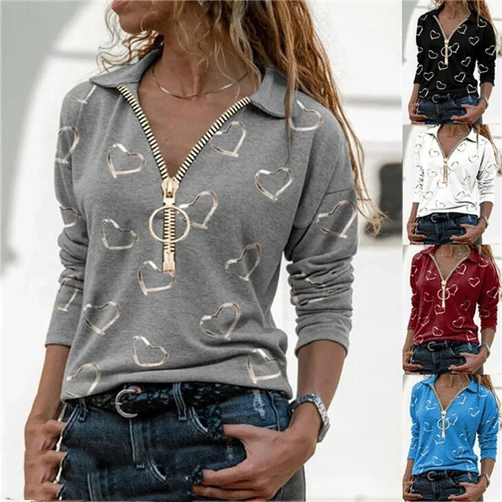 Женская футболка на молнии с принтом сердечек повседневный Свободный пуловер
