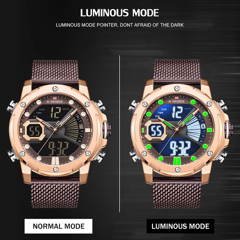 NAVIFORCE мужские часы роскошные нержавеющая сталь водонепроницаемый светодиодный