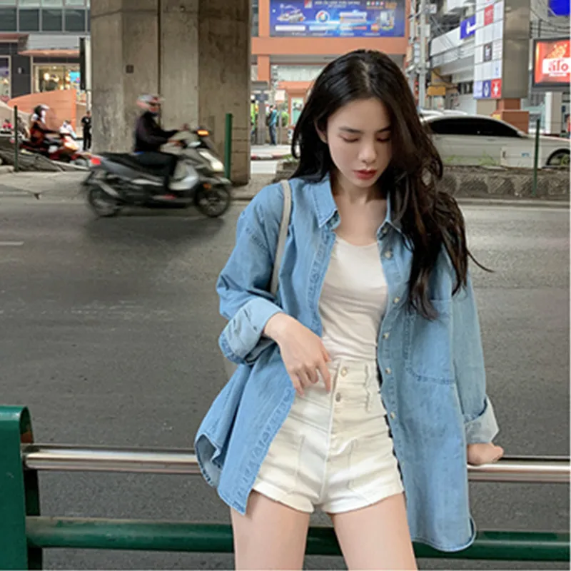 

5108 Korean Women Denim Shirt Summer Fashion Pockets Patchwork Loose Long Sleeve Preppy Style Girl Outerwear BF Mid Length Coat