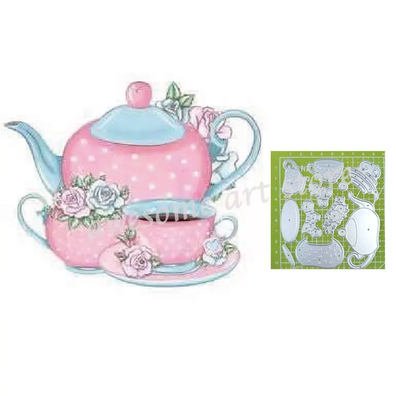 Beautiful Teapot Cutting Dies Flower Spring Pink Cup Coffee Metal Stencil For DIY Scrapbooking Card Craft Eembossing Stencils