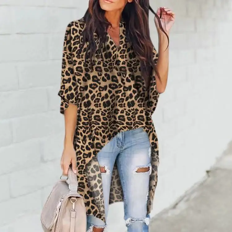 

Рубашки Повседневные С V-образным вырезом модные женские блузки с леопардовым принтом женские топы неправильной формы с рукавом до локтя ши...