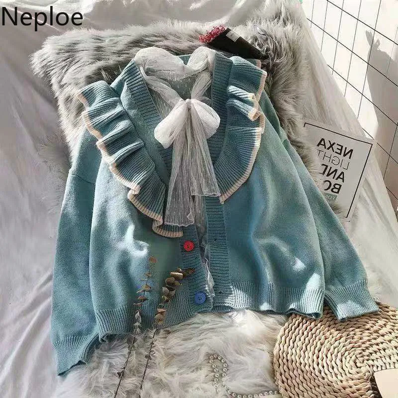 Женский однобортный Кардиган с рюшами свободный зеленый вязаный кардиган