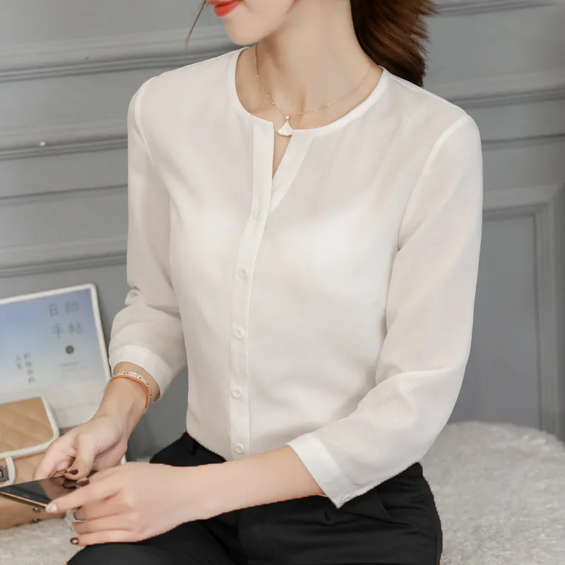 

Simple Spring Solid Chiffon Shirt Women Blouses For Summer Slim White Blouse Women Plus Size Button Up Womens Blouse Elegant