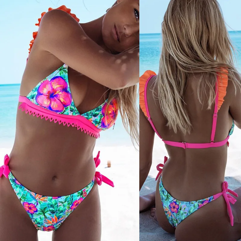 Женские сексуальные треугольные комплекты бикини со шнуровкой и боковым низом