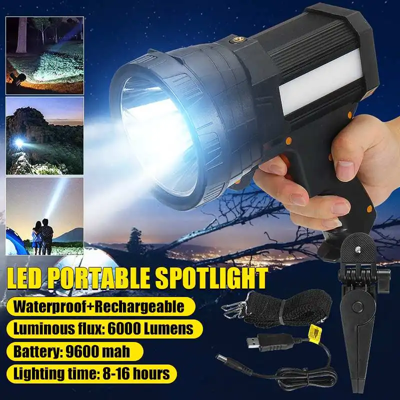

Rechargeable Spot Lights Hand Held Large Flashlight 6000 Lumen Handheld Super bright Outdoor Spotlight Camping Flood searchlight