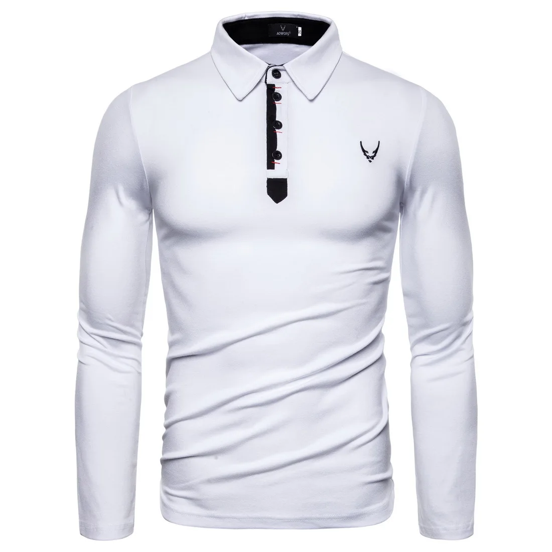 Drop Shipping New Fashion Long Sleeve T Shirt Men Casual Embroidery Slim Fit Men's Tees Solid Turn-down Collar T-Shirts Men