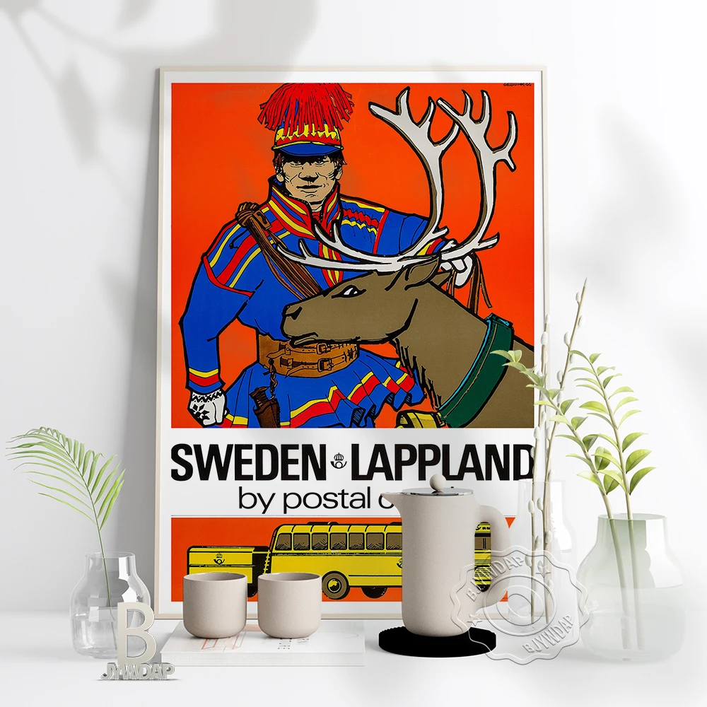 Sweden Lapland World Travel Poster, Postman Postal Coach Art Prints, Red Background Reindeer Vintage Home Wall Kids Room Decor