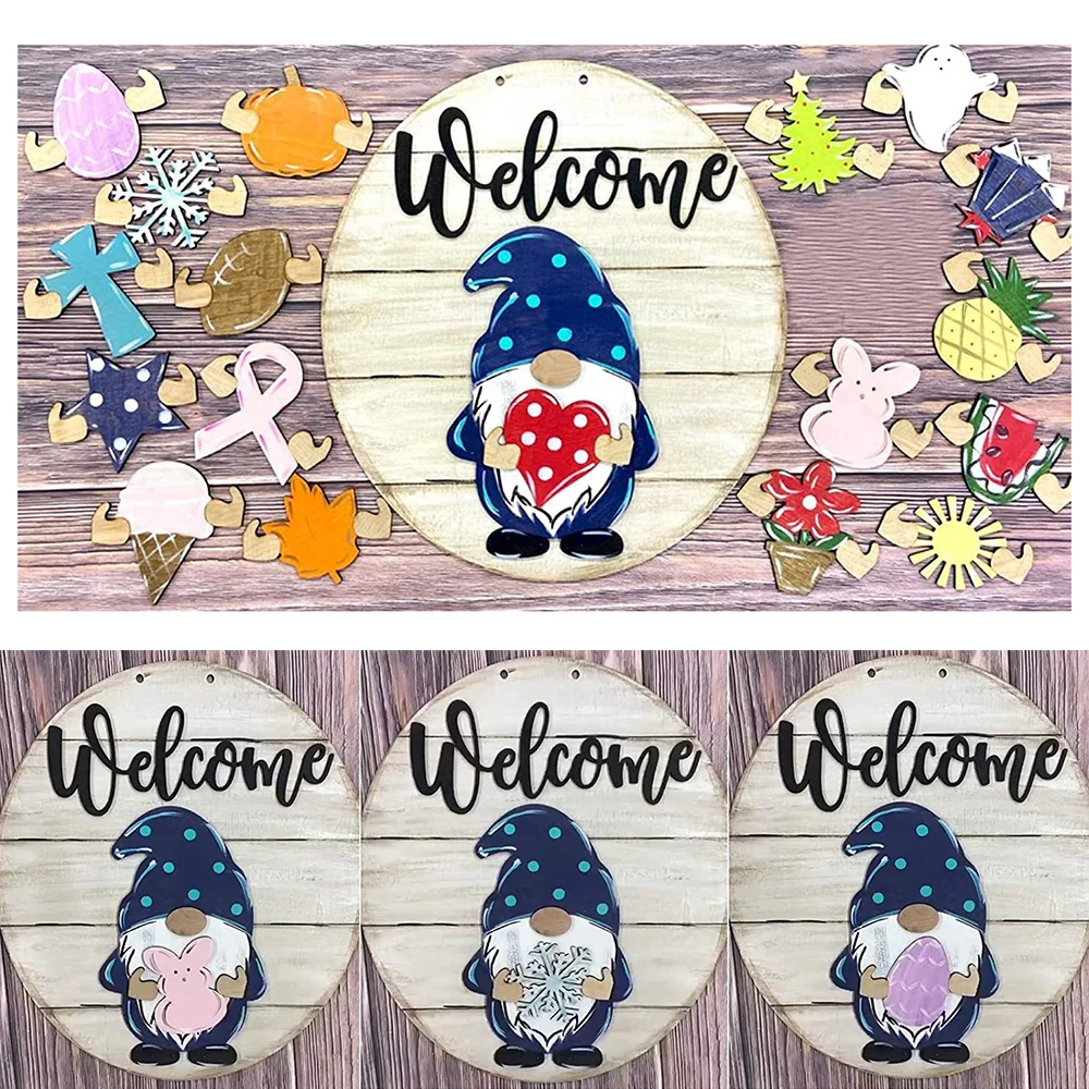 

Gnome Door Hanger Seasonal Welcome Sign with Interchangeable Holiday Pieces for Front Door Porch Hanging Handmade L23