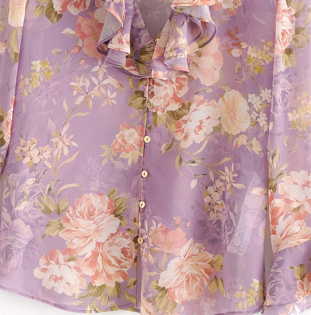 

2020 summer women's new style V-neck long-sleeved front-breasted draped shirt laminated decorative printed shirt