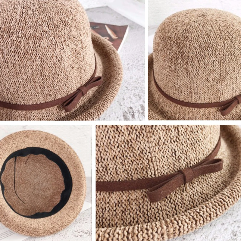 Женская дышащая шляпа с бантом на плоской подошве Пляжная соломенная Панама