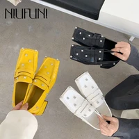 niufuni square toe rhinestone rivet thick mid heel womens pumps shoes on heels spring english leather shoes slip on solid color