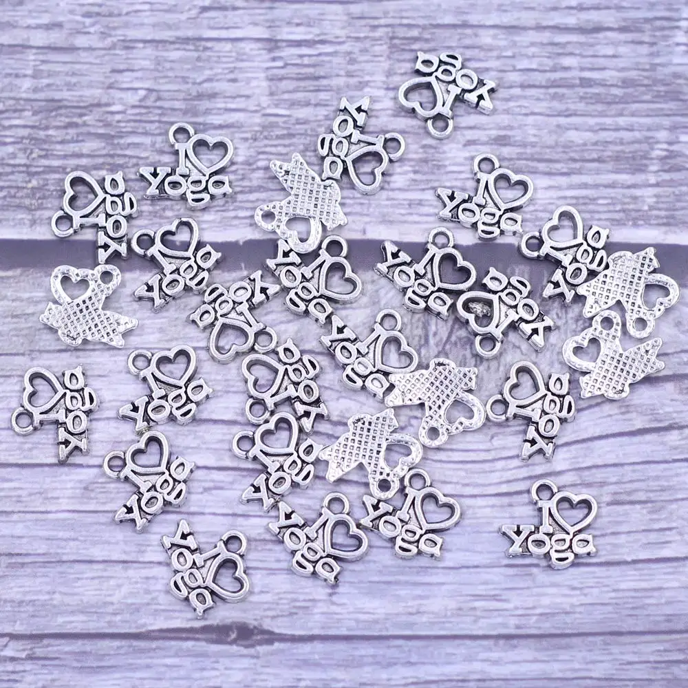 

20Pcs Pendants I Love Yoga Heart Sport Silver Tone Charms Jewelry DIY Findings 14x13mm