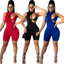2021 Summer Women Solid Sleeveless Playsuits Cowl Neck High Wait Hollow Out Sexy Skinny One Piece Ov