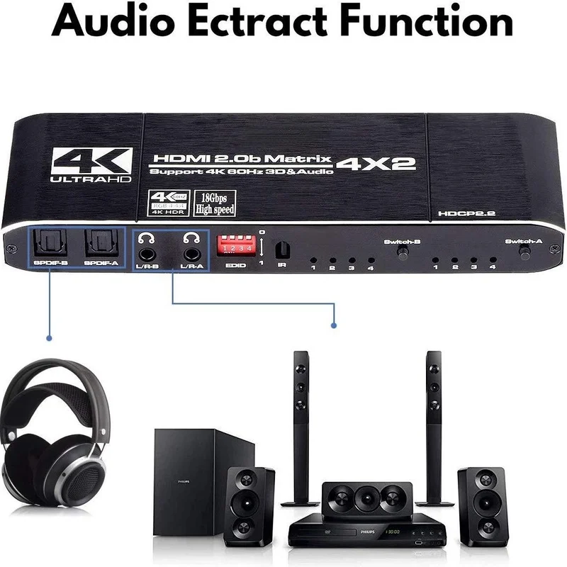 

Матричный переключатель сплиттер 4x2 с SPDIF и L/R 3,5 мм HDR HDMI-совместимый переключатель 4x 2 Поддержка HDCP 2,2 ARC 3D 4K @ 60 Гц Cctv 1920p