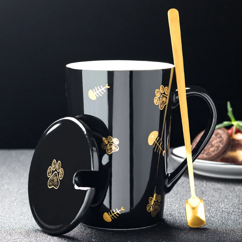 Керамическая кружка с рисунком кота ложкой и крышкой для домашних животных