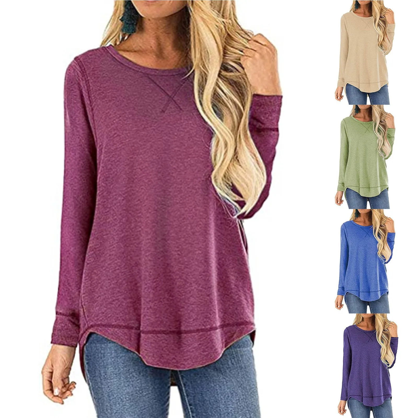 

Осенне-зимняя модная однотонная блузка, Женская Повседневная Свободная футболка с круглым вырезом, женские топы, женская рубашка с длинным ...